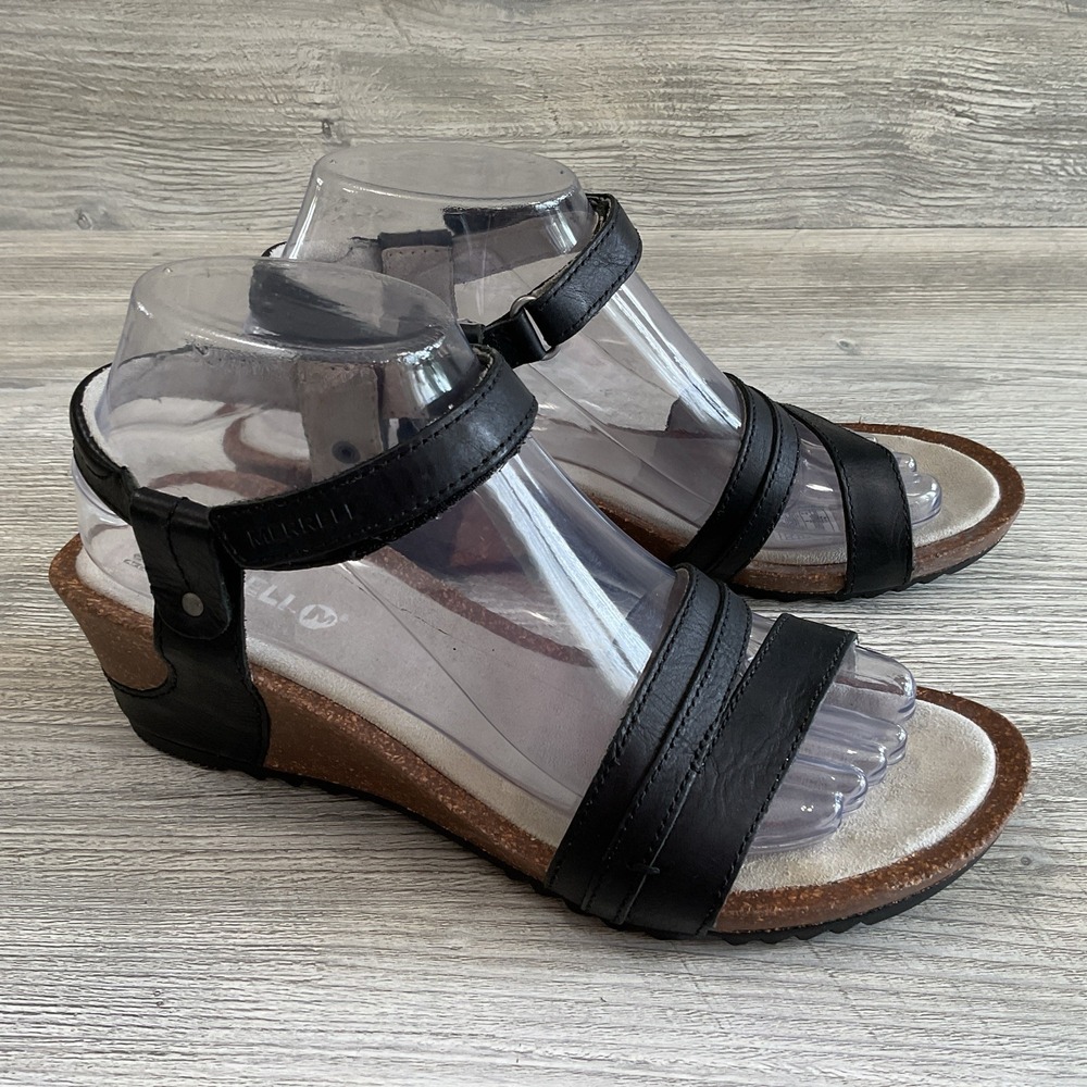 New Merrell Revalli Aura J55430 Womens Size 8 US Black Leather Wedge Sandals